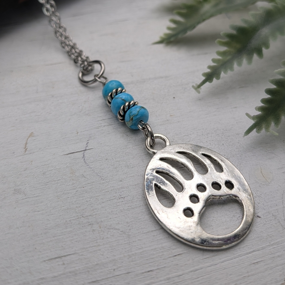 Silver Bear Paw Pendant Necklace with Turquoise Beads - Picture 2 of 6
